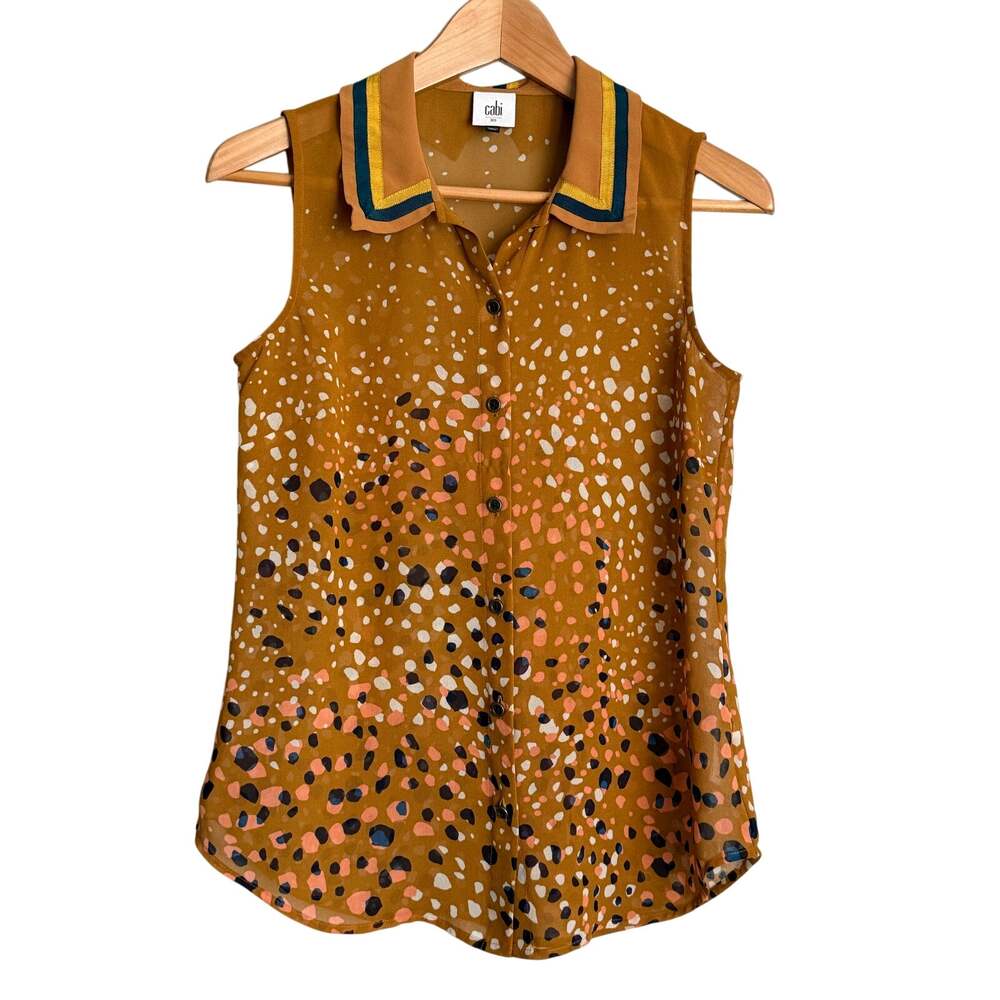Cabi Women’s XS blouse Tank Top Collared Sheer Button-Down Mustard